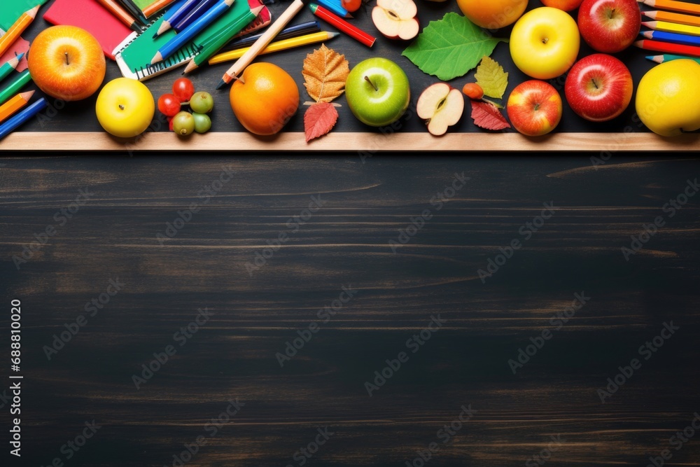 Poster a vibrant collection of various colored pencils neatly arranged on a wooden table. perfect for art p