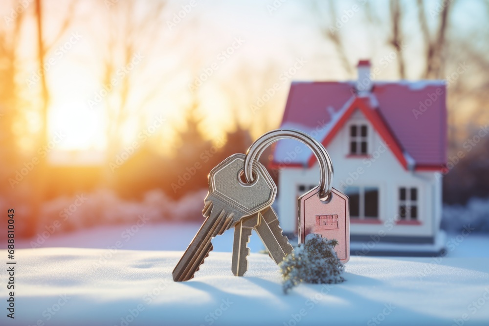 Fototapete a couple of keys resting on a snow covered ground. this versatile image can be used to represent con