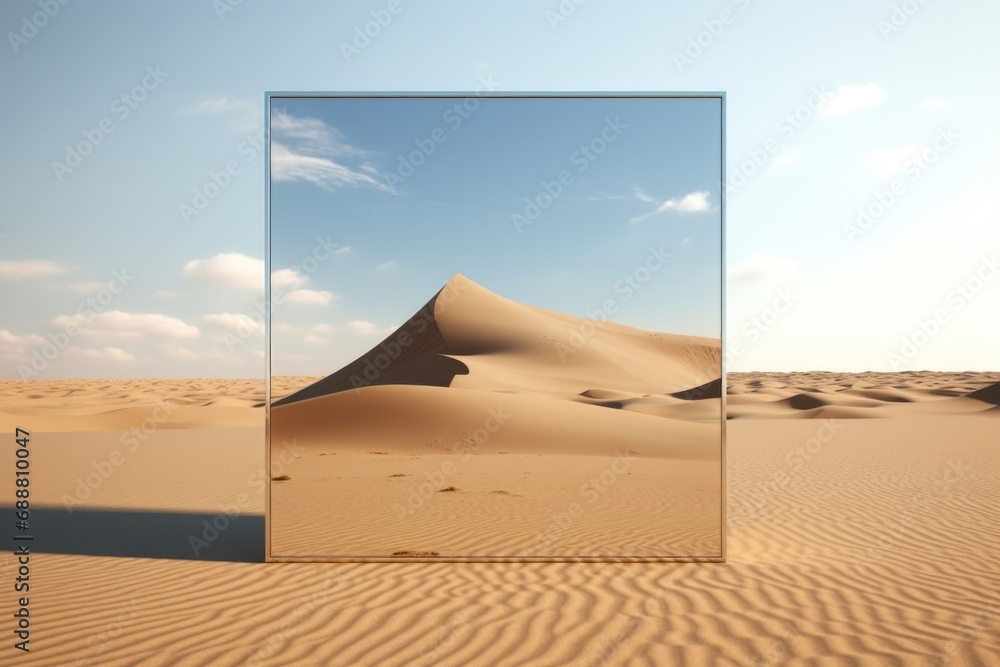Poster a large mirror placed in the vast expanse of a desert, reflecting the barren landscape. perfect for 