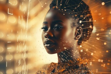 A woman wearing a stunning golden dress stands against a beautiful golden background. This image can be used to represent elegance, glamour, and luxury © Fotograf