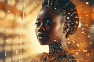 A woman wearing a stunning golden dress stands against a beautiful golden background. This image can be used to represent elegance, glamour, and luxury © Fotograf