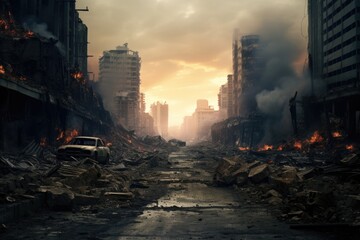 A car is seen driving through the ruins of a once thriving city. This image can be used to depict post-apocalyptic scenarios or the aftermath of a disaster