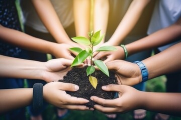 A group of people holding a plant in their hands. Can be used to illustrate teamwork, environmental conservation, gardening, or community involvement - obrazy, fototapety, plakaty