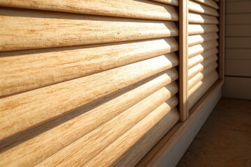 Close up view of wooden blinds on a window. Can be used as a background or to depict privacy and control of natural light