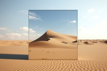 A large mirror placed in the vast expanse of a desert, reflecting the barren landscape. Perfect for...