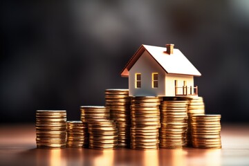 A house sitting on top of a pile of coins. Perfect for illustrating financial success and wealth.