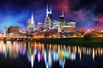 Fototapeta premium A view of a city at night from across a river. Can be used to depict urban nightlife or cityscape photography
