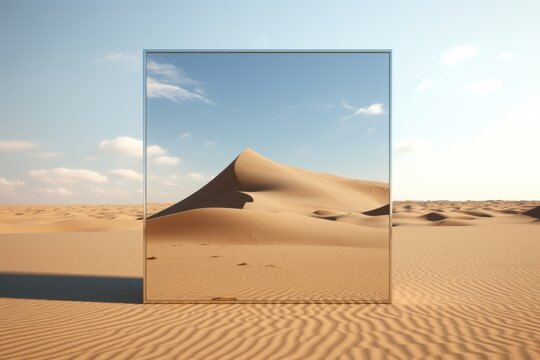 A large mirror placed in the vast expanse of a desert, reflecting the barren landscape. Perfect for conceptual and surreal art projects