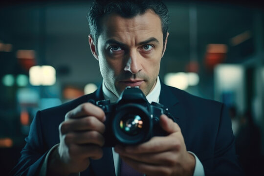 A man dressed in a suit is capturing a moment with a camera. This image can be used to depict professional photography, business presentations, or creative projects