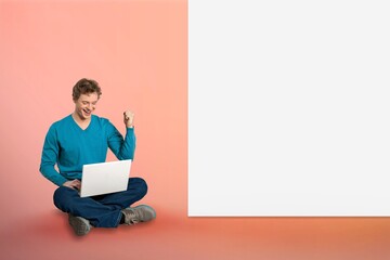 nice man sit with blank white wall background