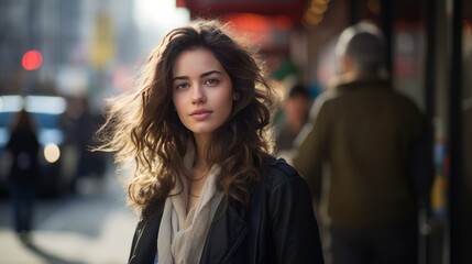 candid photo portrait of beautiful woman on busy street