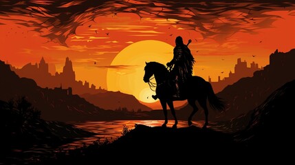A horseback knight in silhouette, his armor transitioning into a medieval tapestry depicting epic battles and legends.
