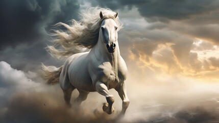 A horse galloping, its mane and tail made of billowing storm clouds. - obrazy, fototapety, plakaty