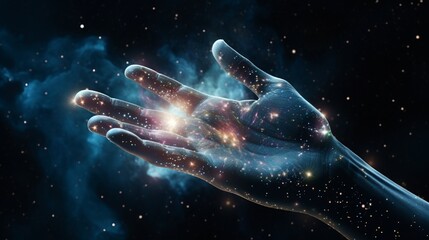Fototapeta na wymiar A human hand with cosmic space and stars filling the spaces between fingers.