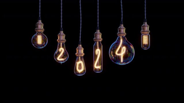 Light bulb New Year video background. Edison light bulb. 2024 year.