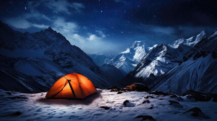 glowing tent in the mountains at night in the snow