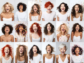 Women of various ethnicities happy and celebrating. White color palette