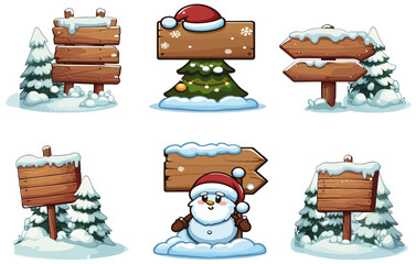 Vector cartoon set of blank wooden signs covered with snow 