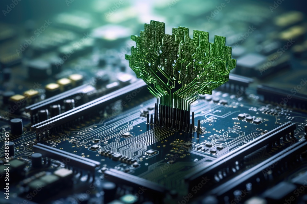 Poster A computer motherboard with a tree on top. This image can be used to represent the merging of nature and technology