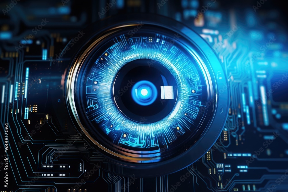 Aufkleber Close-up view of a camera lens placed on a circuit board. Suitable for technology-related projects and concepts