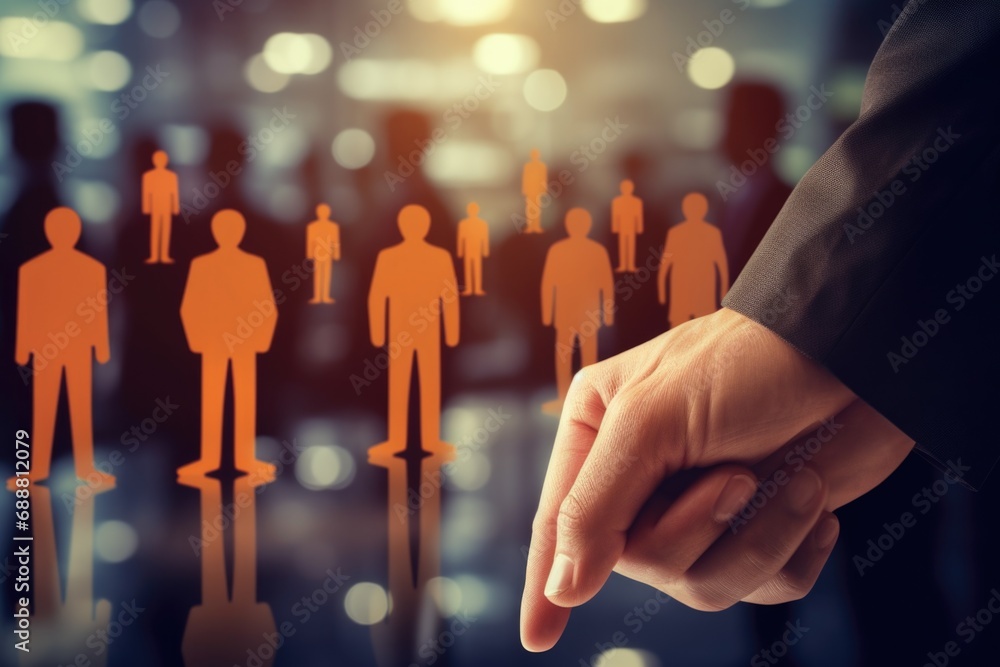 Poster a person is pointing towards a group of people. this image can be used to represent leadership, team