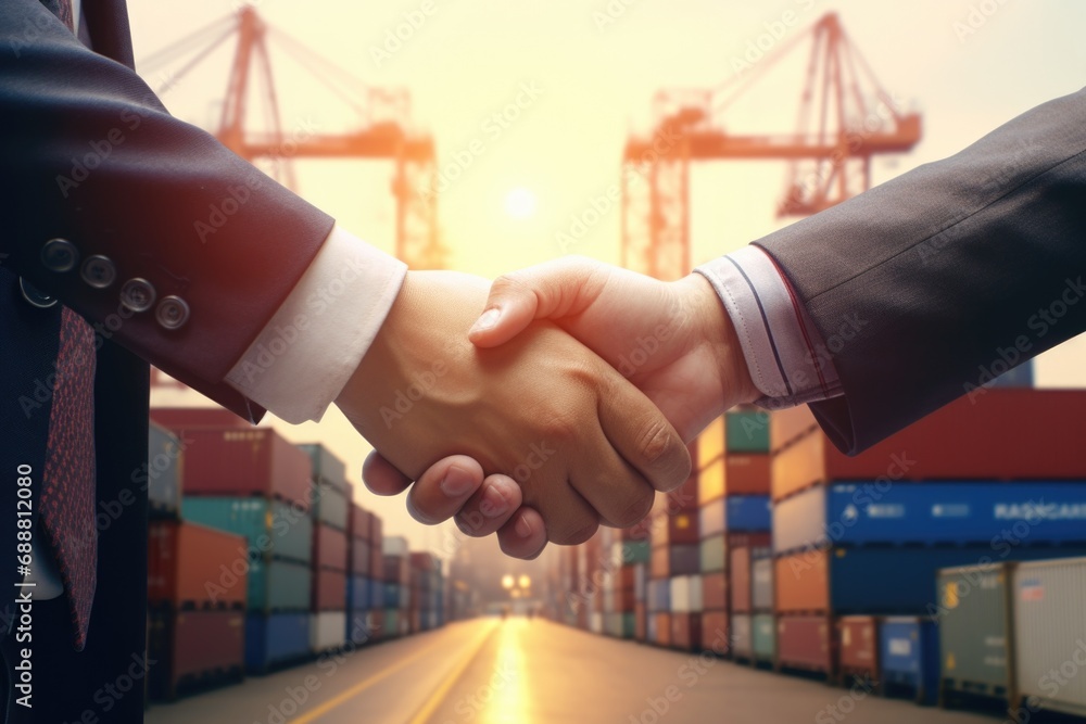 Poster two people are shaking hands in front of a row of shipping containers. this image can be used to rep
