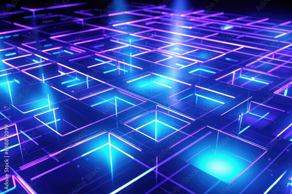 Poster a mesmerizing blue and purple glowing maze in a dark room. perfect for creating a mysterious and cap