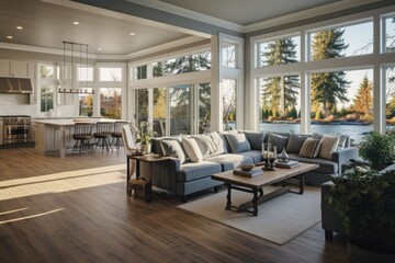 A well-furnished living room with ample seating and large windows, allowing plenty of natural light to fill the space. Perfect for showcasing a cozy home or interior design ideas