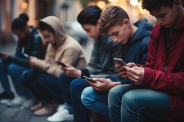 A group of people sitting on a bench, engrossed in their phones. This image can be used to depict technology addiction or social media obsession