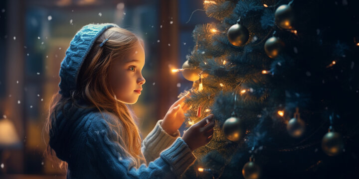 SUBJECT: Girl, ACTION: decorates the Christmas tree, OBLECT: Christmas tree, MOOD: happy, LIGHTING: warm ENVIRONMENT: room, TAGS: room, Christmas tree, happy, realistic style, cinematic
