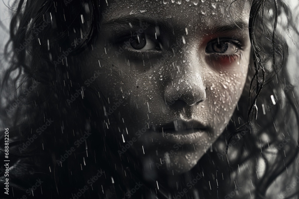 Poster a close-up view of a person standing in the rain. this image can be used to depict solitude, reflect