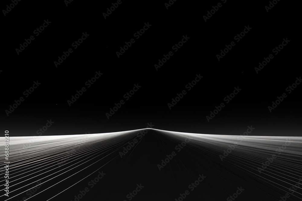 Poster A black and white photo capturing a long line of lines. This image can be used to represent patterns, symmetry, minimalism, or abstract concepts.