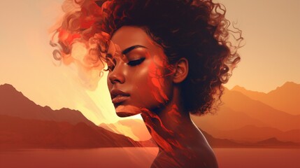 A mesmerizing profile portrait of a mixed-race woman, her image interlaced with a double color exposure that combines the fiery reds and oranges of desert sands