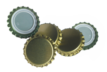 New golden bottle cap for beer in flying, isolated on white, clipping path, macro