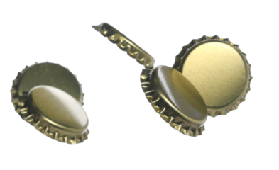 New golden bottle cap for beer in flying, isolated on white, clipping path, macro