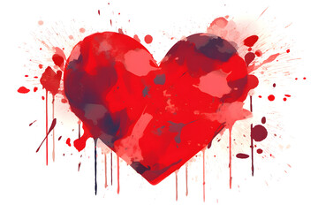 Heart shaped drawing drawn with red paint with splashes on white paper close up