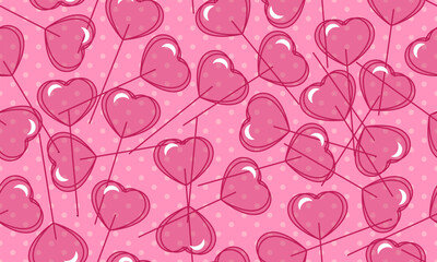 Love candy. Seamless pattern with pink heart shaped lollipop. Background for Valentine’s Day and romantic holidays. Seamless pattern with hearts and lollipops. Print by February 14th. Candy design