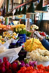 freshly cut tulips in a flower stand