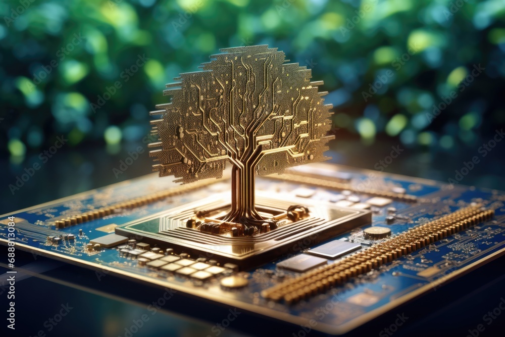 Poster Computer chip with a tree on top. Suitable for technology and nature concepts