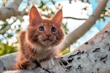 A big red maine coon kitten sitting on a tree in a forest in summer.