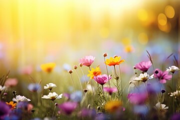 A vibrant field of flowers with a radiant sun in the background. Perfect for adding a touch of nature and beauty to any project