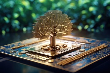 Computer chip with a tree on top. Suitable for technology and nature concepts