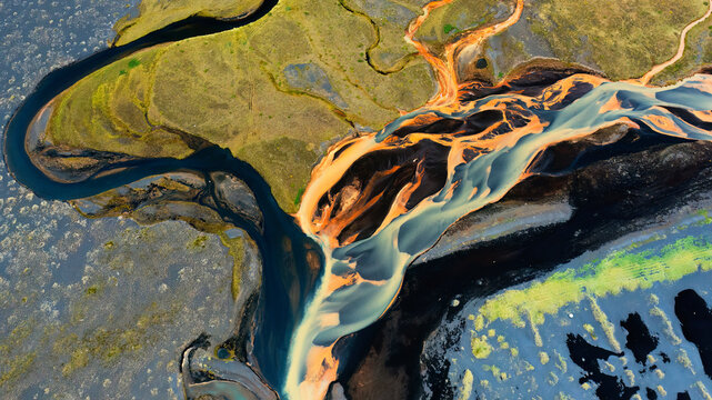 Aerial view of Iceland's vibrant river basins
