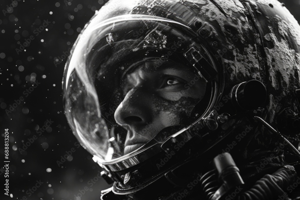 Poster a black and white photo of a man wearing a space suit. can be used to depict astronauts, space explo