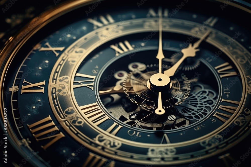 Poster A detailed close-up of a clock with classic Roman numerals. Perfect for adding a timeless touch to any project or design