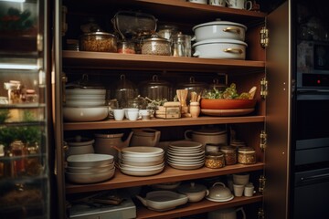 A cupboard filled with various dishes and bowls. Perfect for showcasing kitchenware and dining essentials