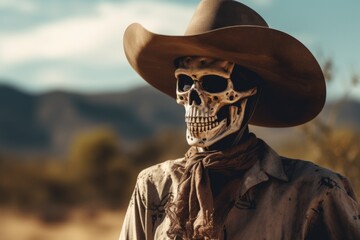 A skeleton dressed in a cowboy hat and scarf. This image can be used for Halloween-themed designs or to add a touch of Western flair to projects - obrazy, fototapety, plakaty