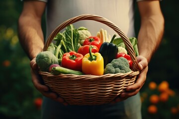 Fototapeta premium A man is seen holding a basket filled with fresh and vibrant vegetables. This image can be used to showcase healthy eating, farm-fresh produce, sustainable agriculture, or a farmer's market scene