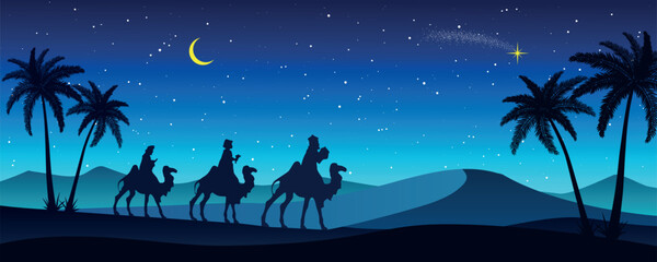 Christmas Nativity Scene - Three Wise Men travel in the desert - obrazy, fototapety, plakaty