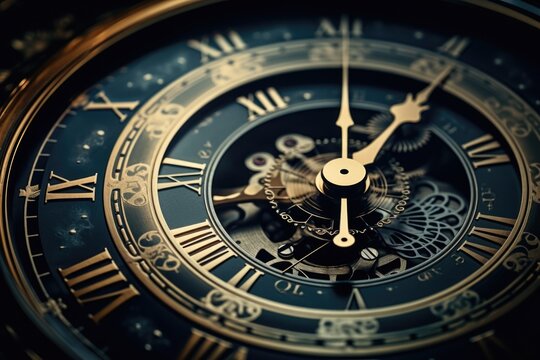 A detailed close-up of a clock with classic Roman numerals. Perfect for adding a timeless touch to any project or design